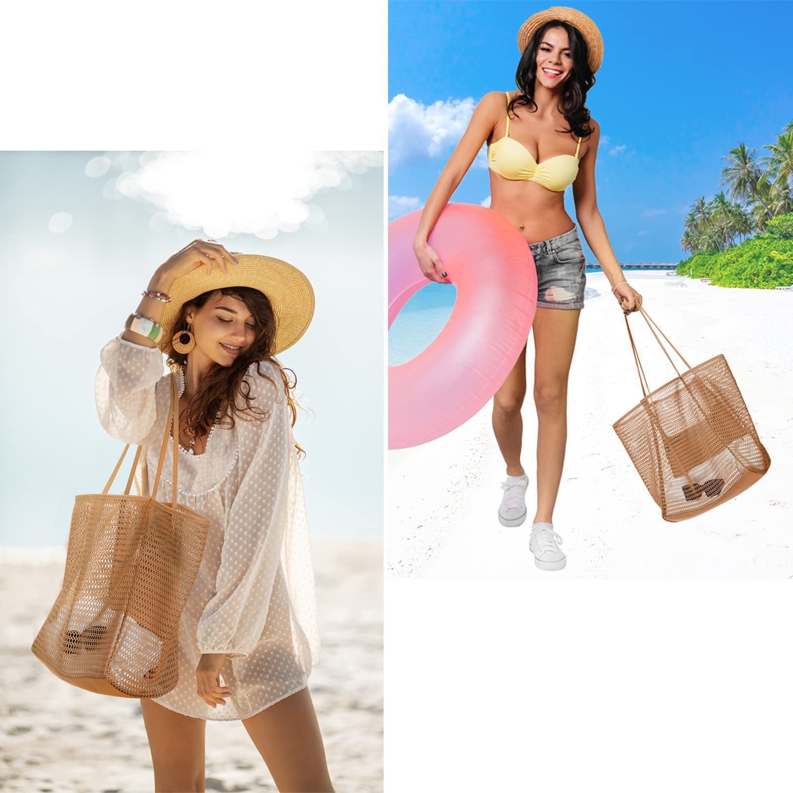 KAUKKO BeachNylon Mesh Tote Bag, Casual Tote Bag Hobo Women Foldable MAX 23L Shoulder Bag For Beach Picnic Vacation