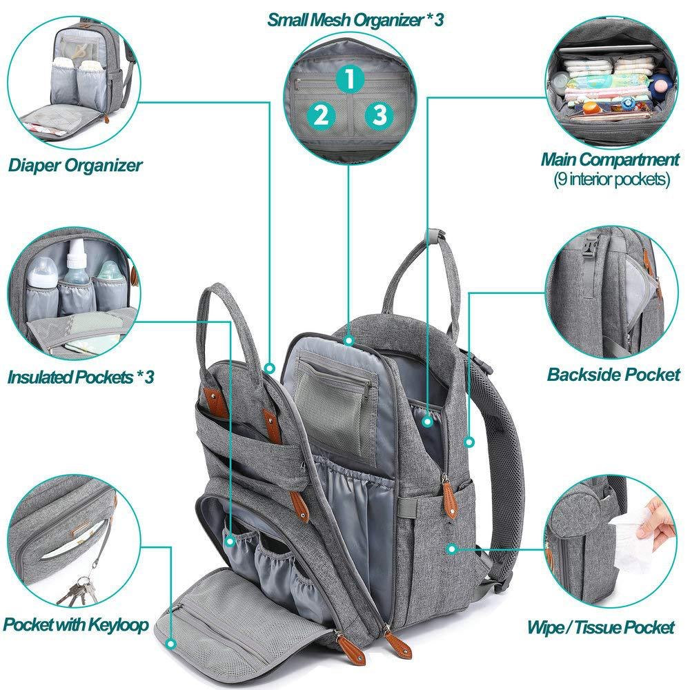 Diaper Bag Backpack - Baby Essentials Travel Tote - Multi Function Waterproof Diaper Bag, Travel Essentials Baby Bag with Changing Pad, Stroller Straps & Pacifier Case - Unisex