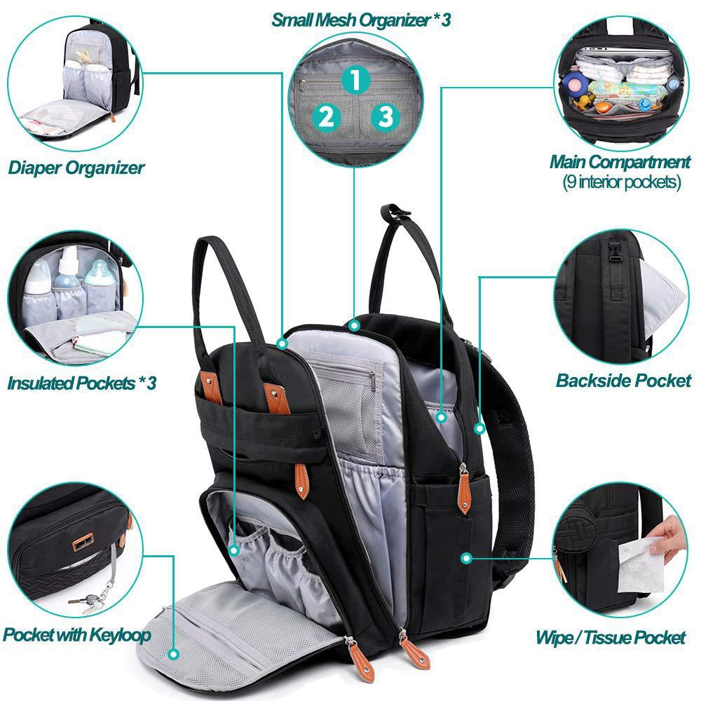 Diaper Bag Backpack - Baby Essentials Travel Tote - Multi Function Waterproof Diaper Bag, Travel Essentials Baby Bag with Changing Pad, Stroller Straps & Pacifier Case - Unisex