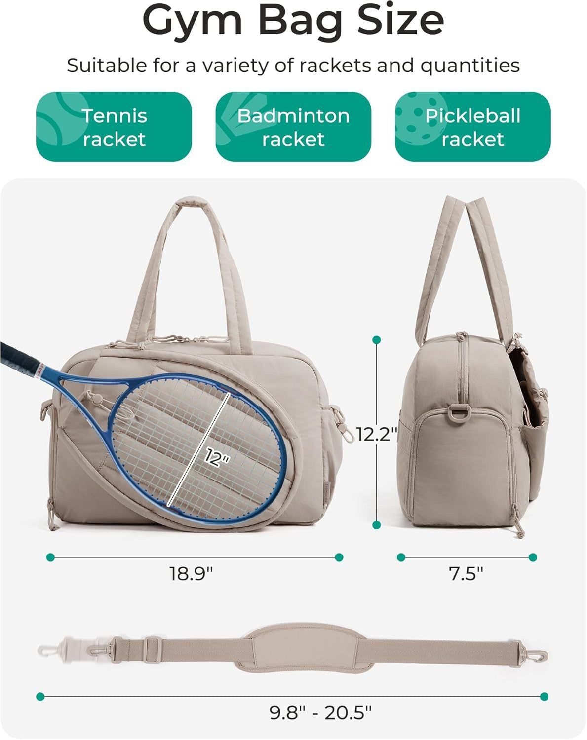 KAUKKO Tennis Gym Bag for Women & Men, Tennis Bag Holds 2 Rackets with Shoe Compartment & Wet Pocket, Sports Duffle Bags fits up to 15.6" Laptop, Women Overnight Weekend Bag