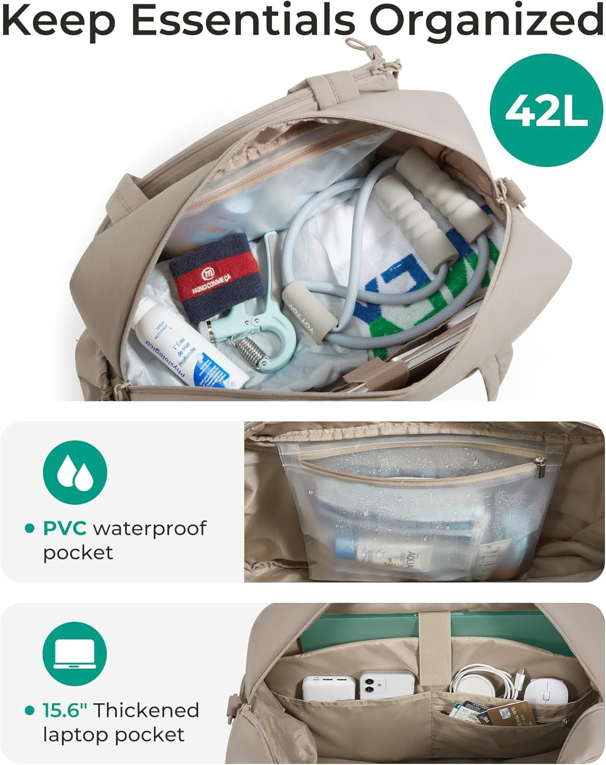 KAUKKO Tennis Gym Bag for Women & Men, Tennis Bag Holds 2 Rackets with Shoe Compartment & Wet Pocket, Sports Duffle Bags fits up to 15.6" Laptop, Women Overnight Weekend Bag