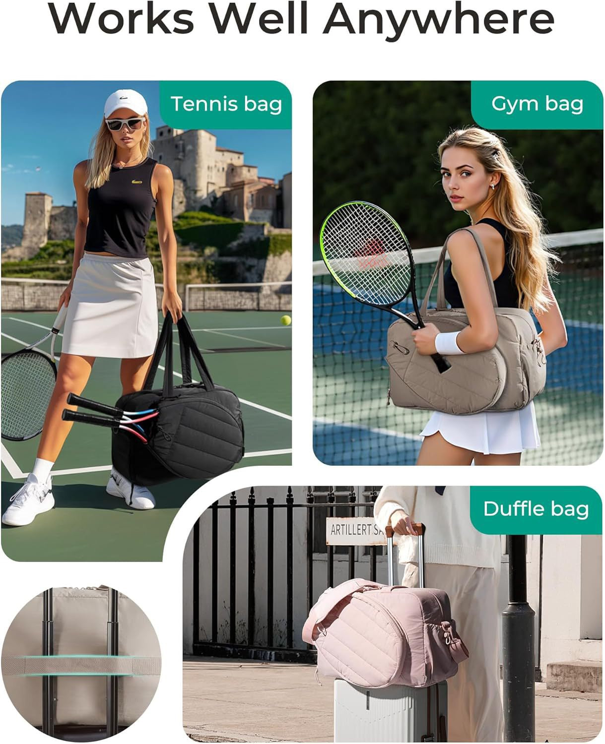 KAUKKO Tennis Gym Bag for Women & Men, Tennis Bag Holds 2 Rackets with Shoe Compartment & Wet Pocket, Sports Duffle Bags fits up to 15.6" Laptop, Women Overnight Weekend Bag
