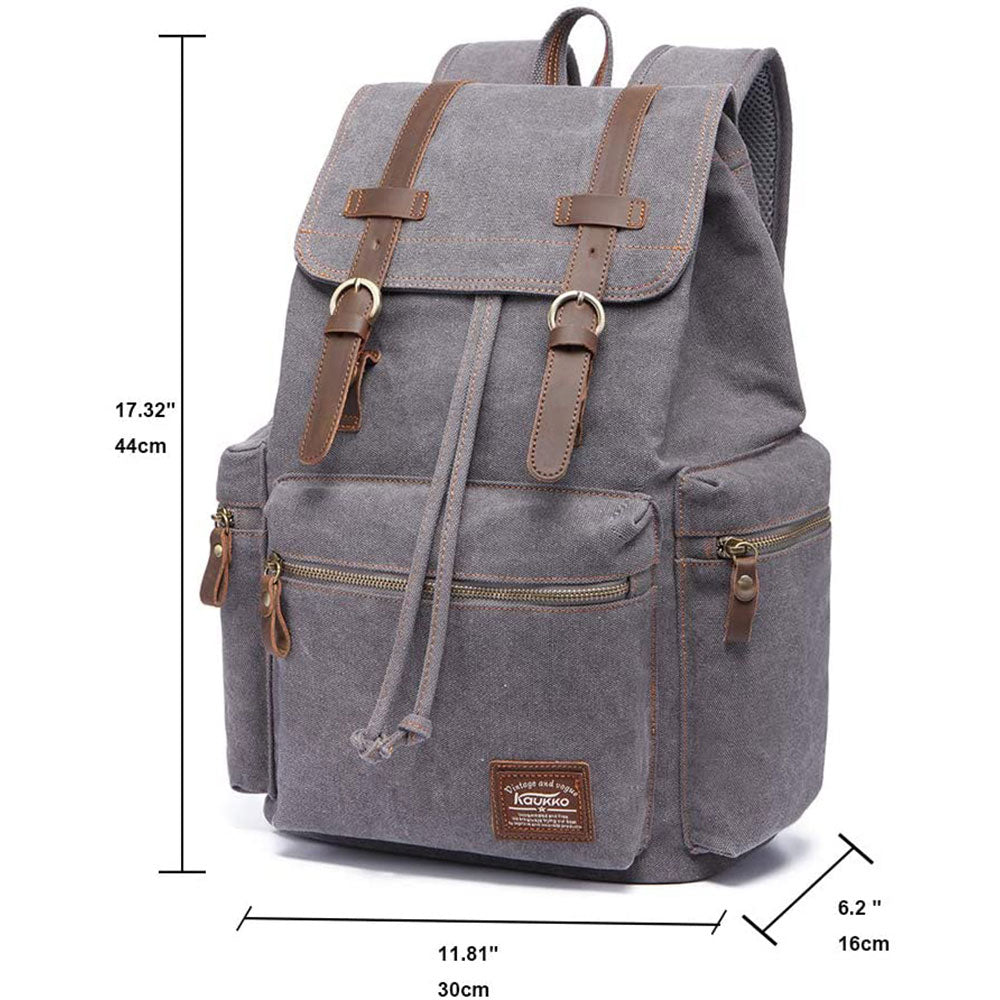 KAUKKO Vintage Casual Canvas and Leather Rucksack Retro Backpack for School Work Travel Hiking, 19L