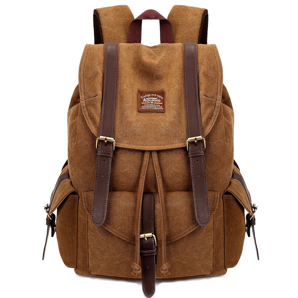 KAUKKO Retro Canvas Bag Outdoor School Backpack Travel Casual Hiking Rucksack  ( Khaki )