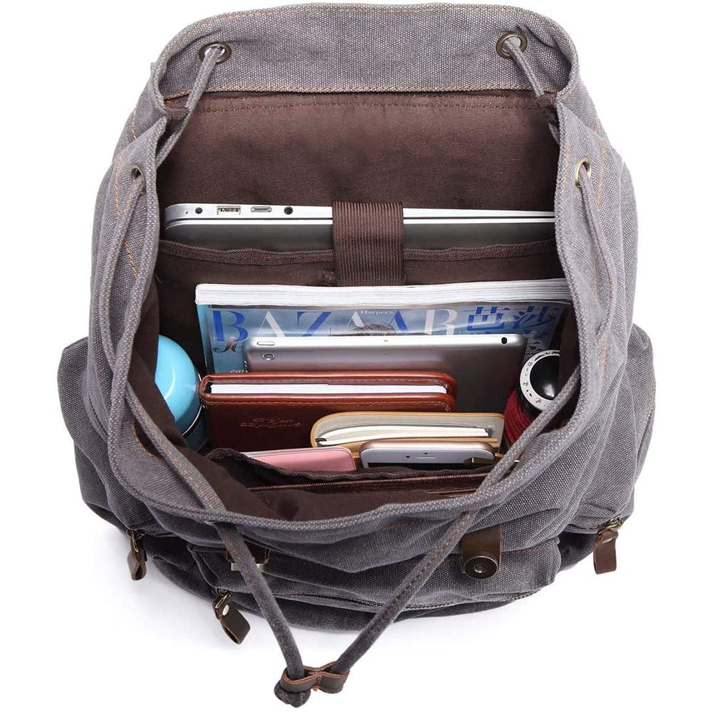 KAUKKO Vintage Casual Canvas and Leather Rucksack Retro Backpack for School Work Travel Hiking, 19L