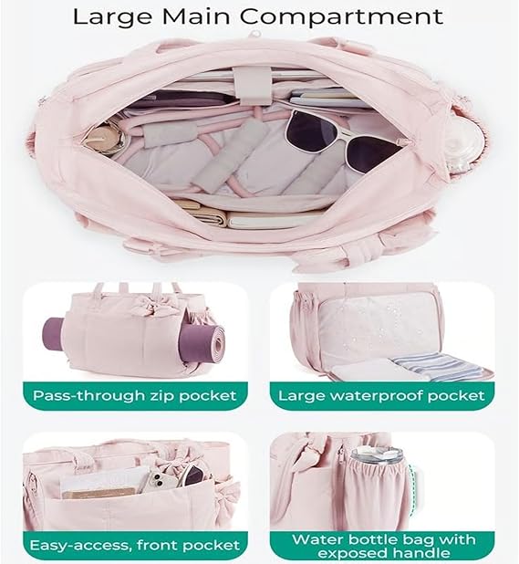 Padded Tote Bag With Bow Casual Quilted Padded Women Shoulder Bags Fit 15.6in Laptop Large Capacity Yoga Gym Bags