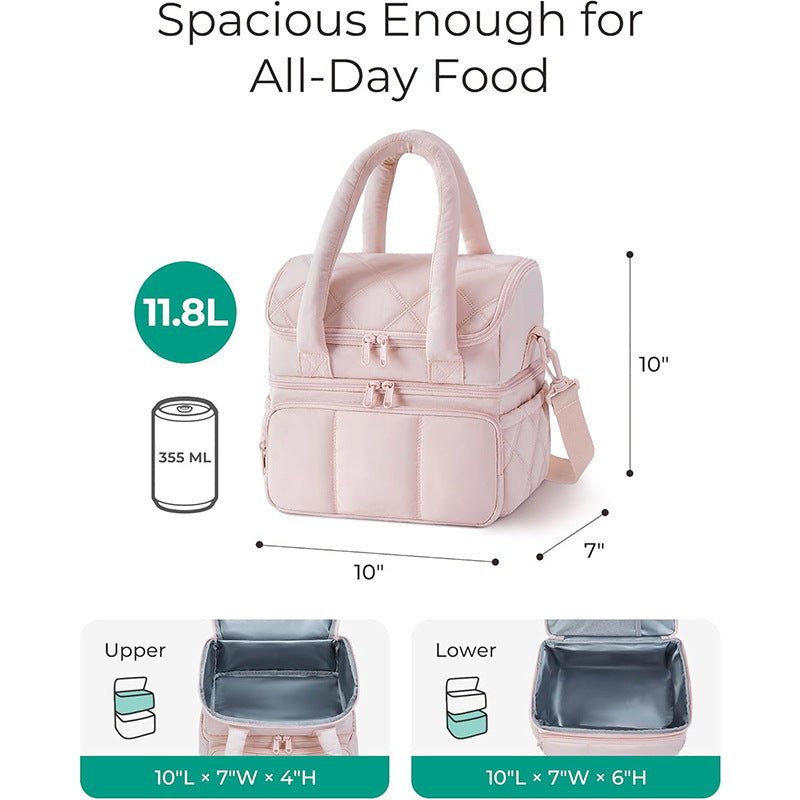 Lunch Bag Women, Double Deck Insulated Lunch Box, Quilted Puffer Lunch Tote, Leakproof, Durable & Reusable Large Lunch Cooler For Work Picnic Travel Meal Prep