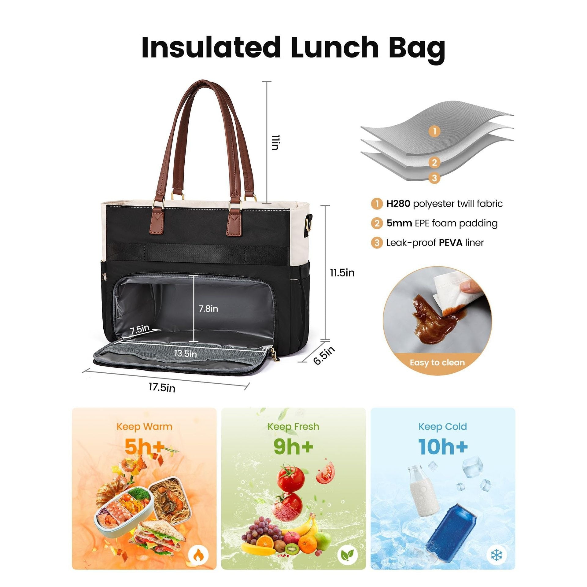 Large Women Lunch Bags, Insulated Adult Lunch Box, Leakproof Cooler Lunch Tote Bag with Storage Pocket. Reusable Lunch Purse for Work, Picnic, Hiking