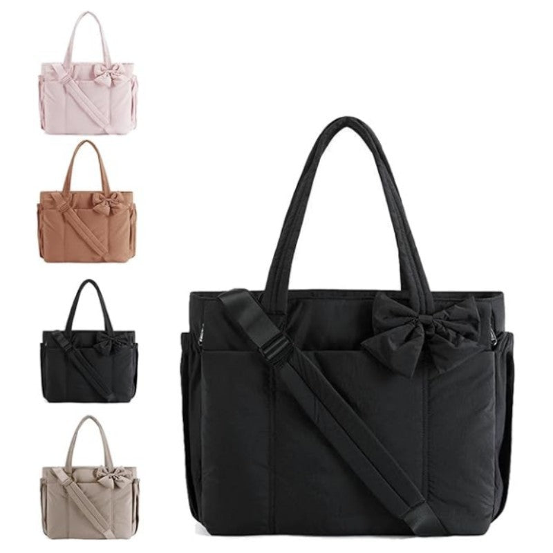 Padded Tote Bag With Bow Casual Quilted Padded Women Shoulder Bags Fit 15.6in Laptop Large Capacity Yoga Gym Bags