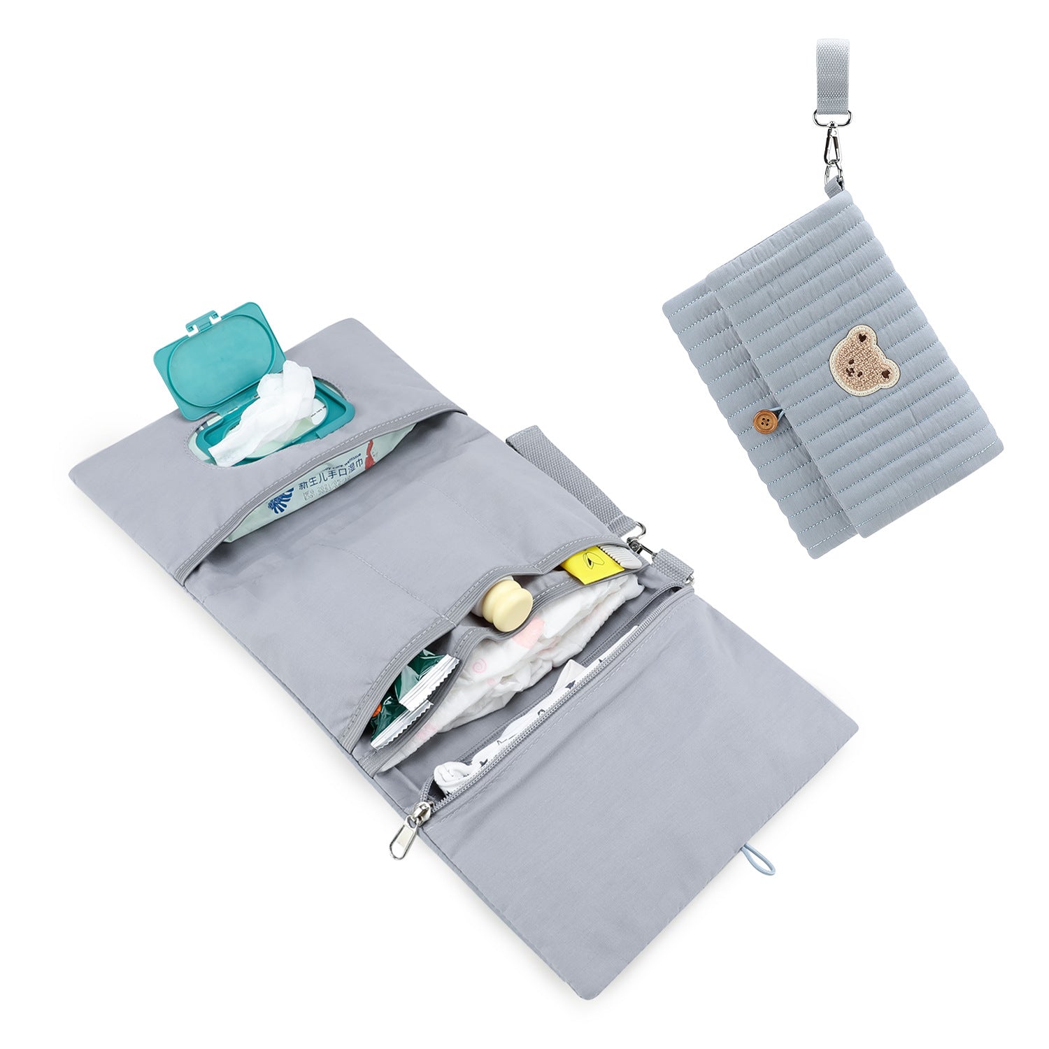 Baby Diaper Bag Organizer Pouches - Waterproof Pod Foldable Diaper Organizer Set, Cute Bear Bag Gift for Baby Shower