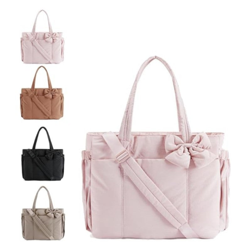 Padded Tote Bag With Bow Casual Quilted Padded Women Shoulder Bags Fit 15.6in Laptop Large Capacity Yoga Gym Bags