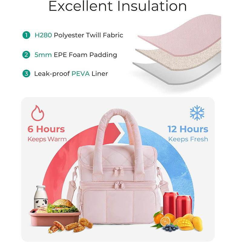 Lunch Bag Women, Double Deck Insulated Lunch Box, Quilted Puffer Lunch Tote, Leakproof, Durable & Reusable Large Lunch Cooler For Work Picnic Travel Meal Prep