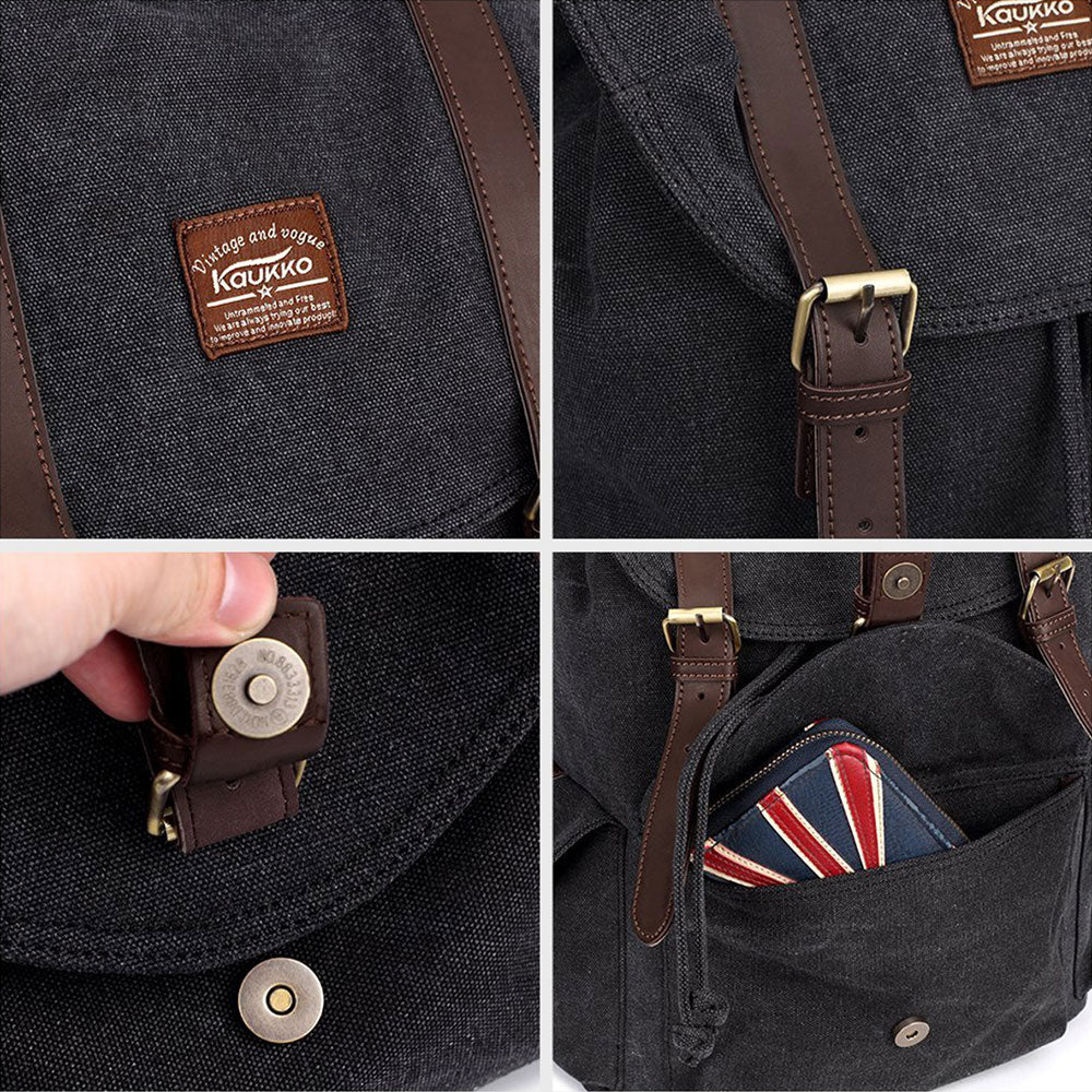 KAUKKO Retro Canvas Bag Outdoor School Backpack Travel Casual Hiking Rucksack ( Black ) - kaukko