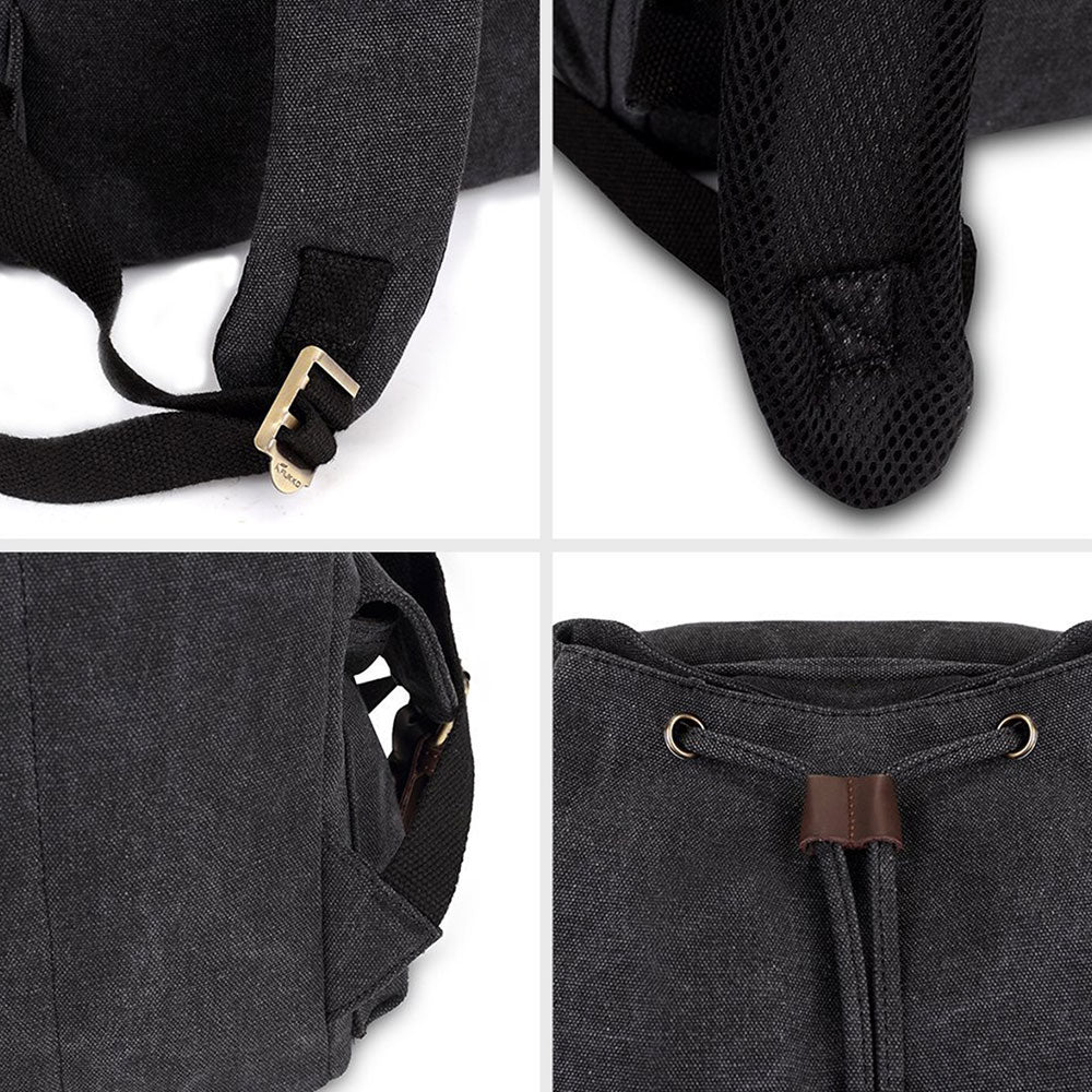 KAUKKO Retro Canvas Bag Outdoor School Backpack Travel Casual Hiking Rucksack ( Black ) - kaukko