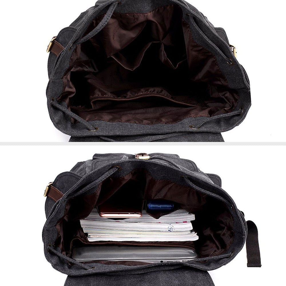 KAUKKO Retro Canvas Bag Outdoor School Backpack Travel Casual Hiking Rucksack ( Black ) - kaukko