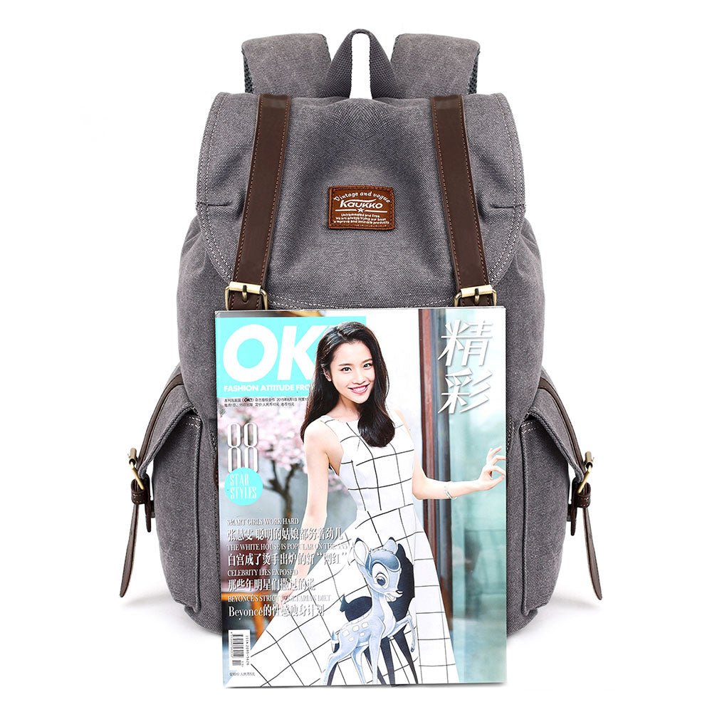KAUKKO Retro Canvas Bag Outdoor School Backpack Travel Casual Hiking Rucksack ( Grey ) - kaukko