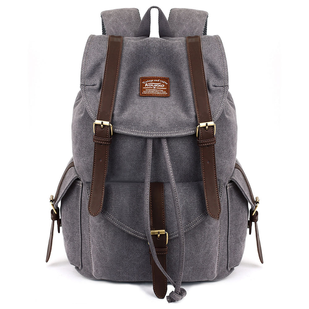 KAUKKO Retro Canvas Bag Outdoor School Backpack Travel Casual Hiking Rucksack ( Grey ) - kaukko