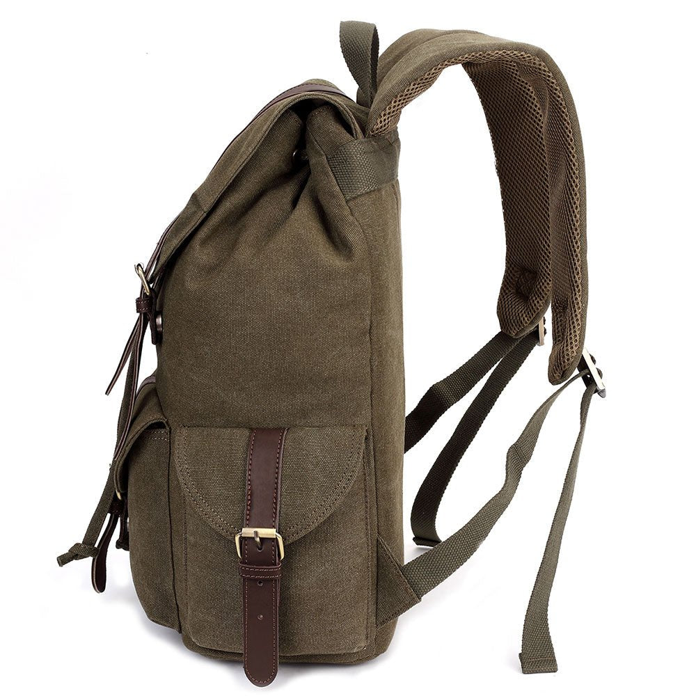 KAUKKO Retro Canvas Bag Vintage Backpack Travel Casual Hiking Rucksack ( ArmyGreen ) - kaukko