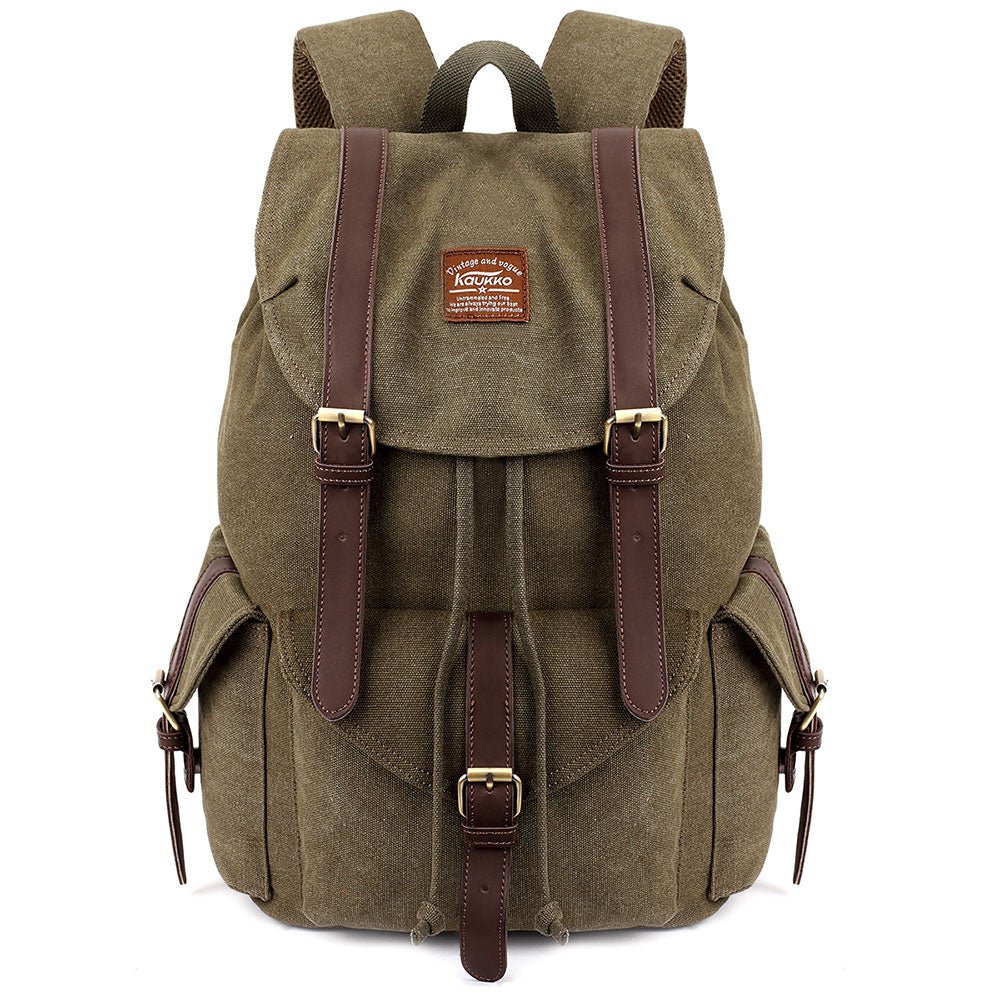 KAUKKO Retro Canvas Bag Vintage Backpack Travel Casual Hiking Rucksack ( ArmyGreen ) - kaukko