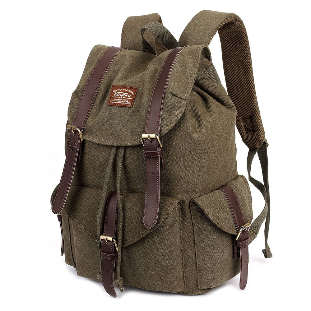 KAUKKO Retro Canvas Bag Vintage Backpack Travel Casual Hiking Rucksack ( ArmyGreen ) - kaukko