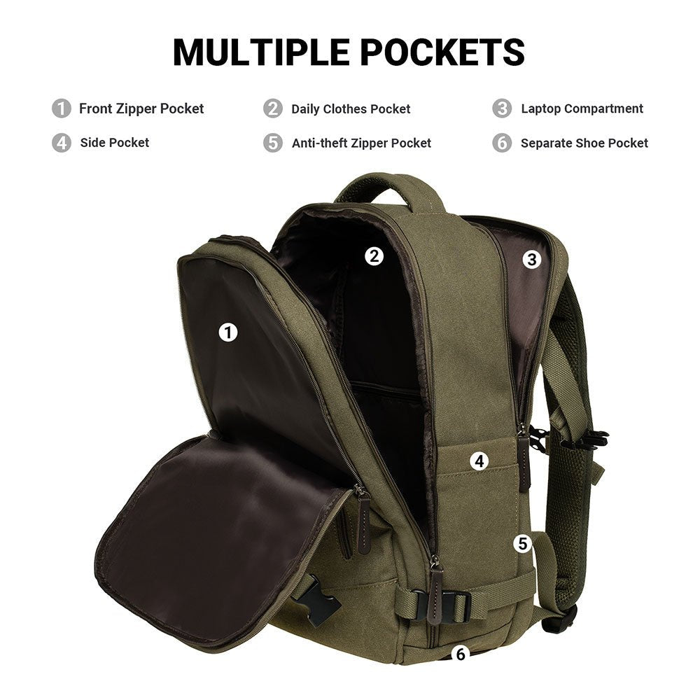 KAUKKO Thick Canvas Travel Backpack, Flight Approved Carry On Backpack with Shoe Pouch and 15.6 inch Laptop Compartment - kaukko