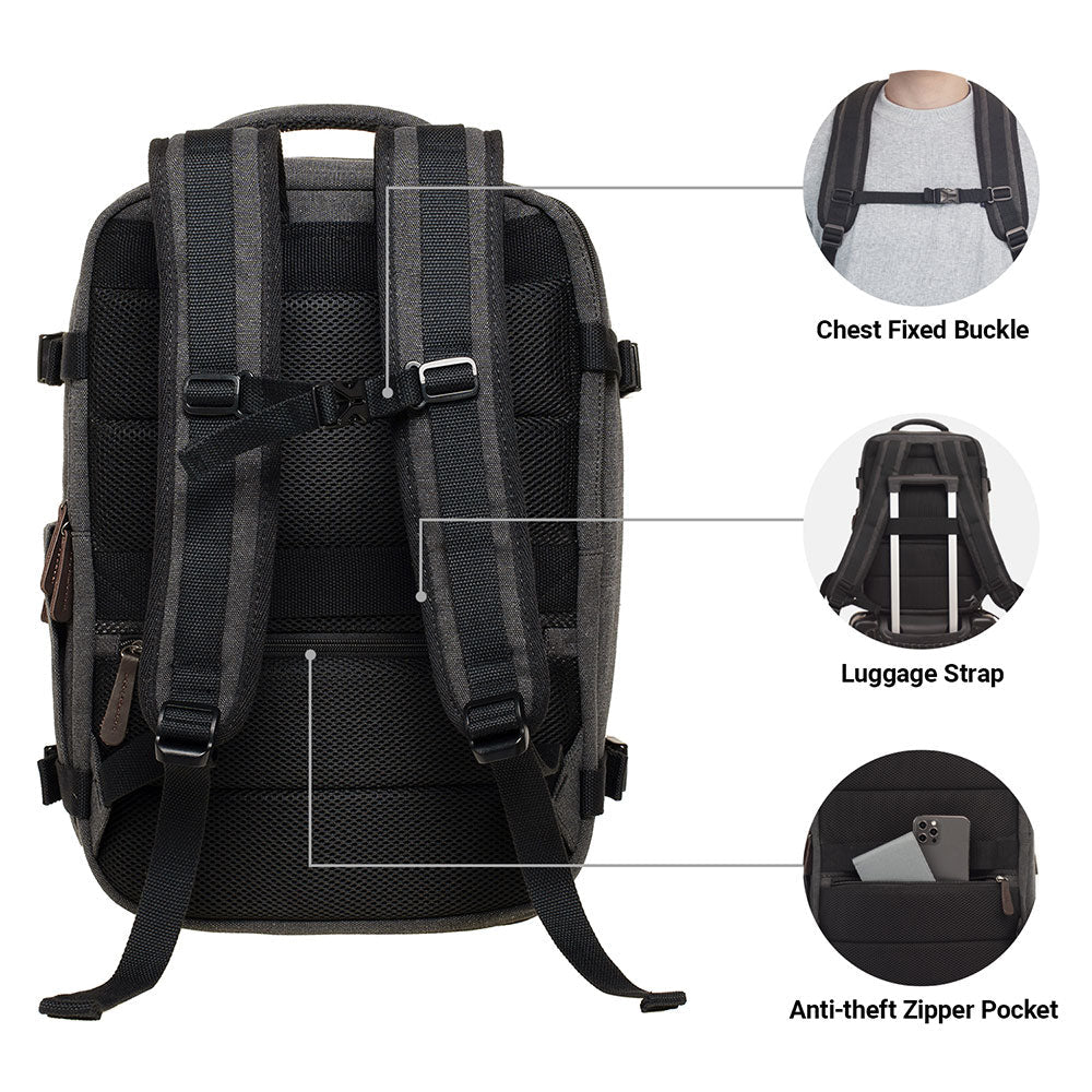 KAUKKO Thick Canvas Travel Backpack, Flight Approved Carry On Backpack with Shoe Pouch and 15.6 inch Laptop Compartment - kaukko