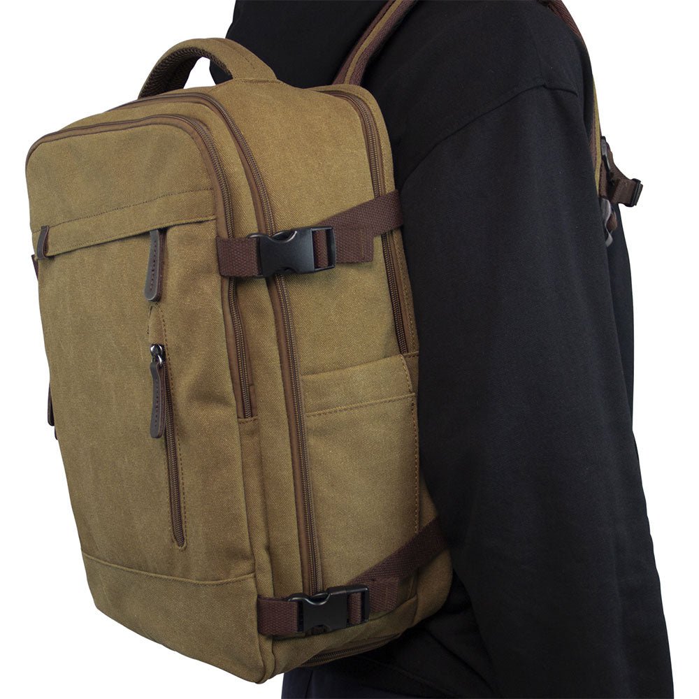 KAUKKO Thick Canvas Travel Backpack, Flight Approved Carry On Backpack with Shoe Pouch and 15.6 inch Laptop Compartment - kaukko