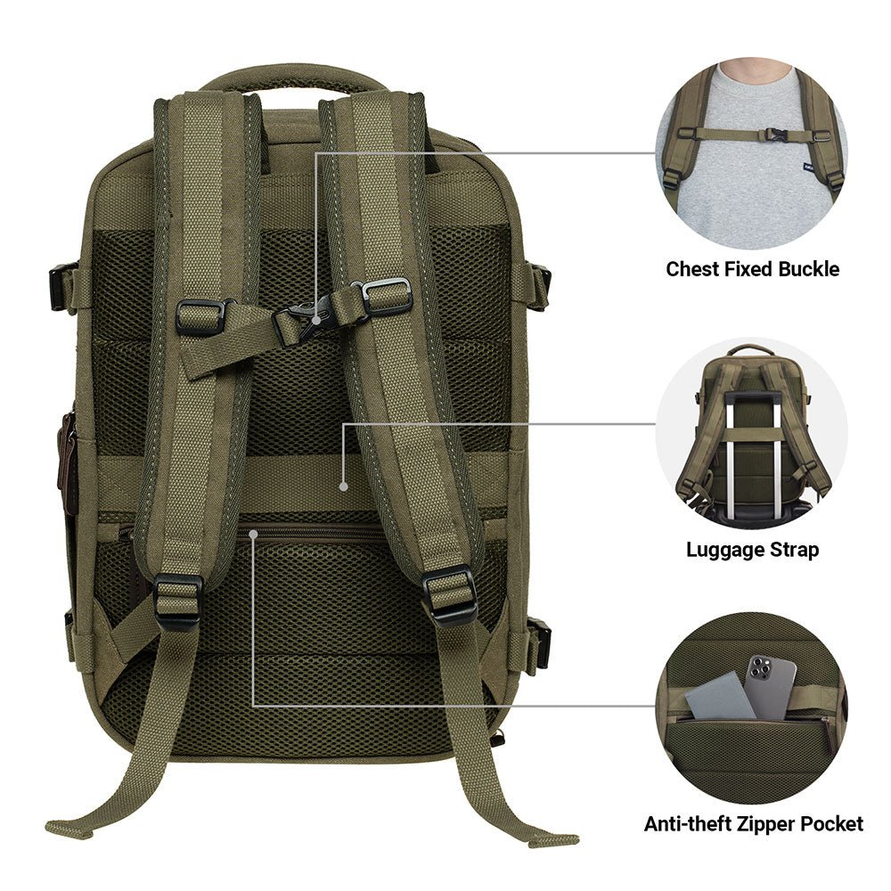 KAUKKO Thick Canvas Travel Backpack, Flight Approved Carry On Backpack with Shoe Pouch and 15.6 inch Laptop Compartment - kaukko