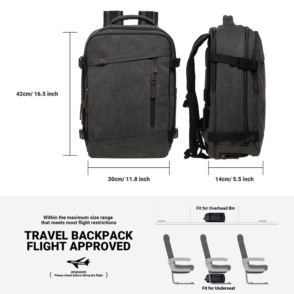KAUKKO Thick Canvas Travel Backpack, Flight Approved Carry On Backpack with Shoe Pouch and 15.6 inch Laptop Compartment - kaukko