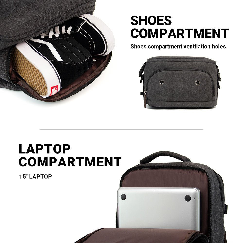KAUKKO Thick Canvas Travel Backpack, Flight Approved Carry On Backpack with Shoe Pouch and 15.6 inch Laptop Compartment - kaukko