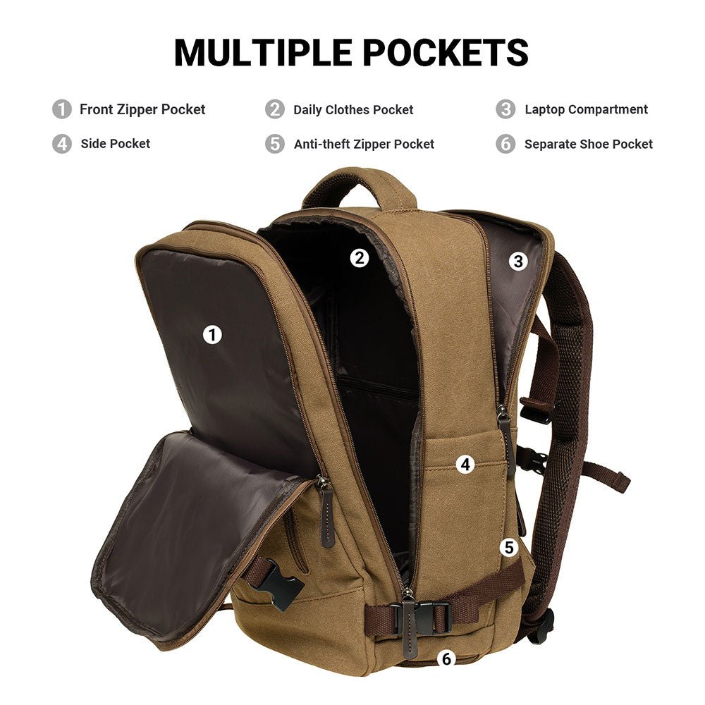 KAUKKO Thick Canvas Travel Backpack, Flight Approved Carry On Backpack with Shoe Pouch and 15.6 inch Laptop Compartment - kaukko