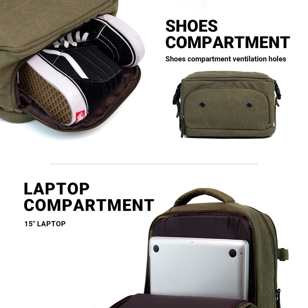KAUKKO Thick Canvas Travel Backpack, Flight Approved Carry On Backpack with Shoe Pouch and 15.6 inch Laptop Compartment - kaukko