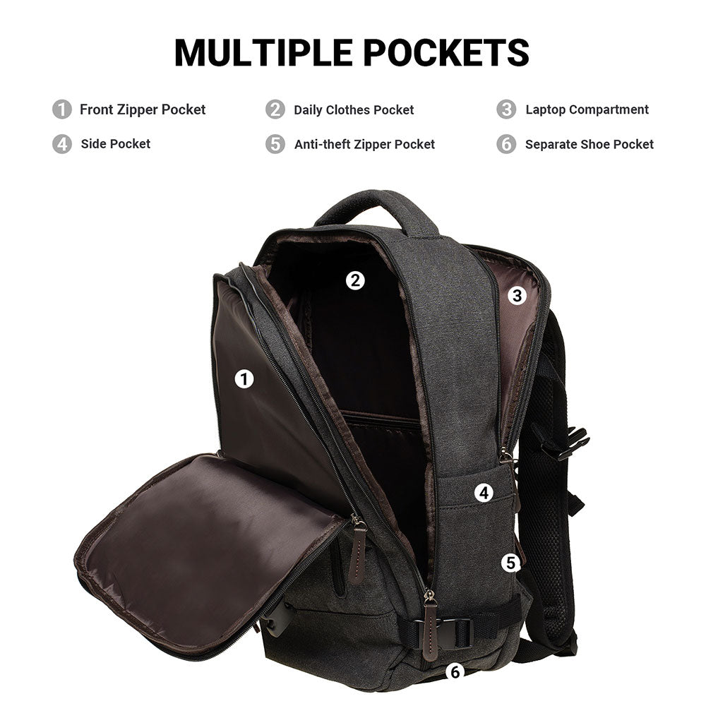 KAUKKO Thick Canvas Travel Backpack, Flight Approved Carry On Backpack with Shoe Pouch and 15.6 inch Laptop Compartment - kaukko