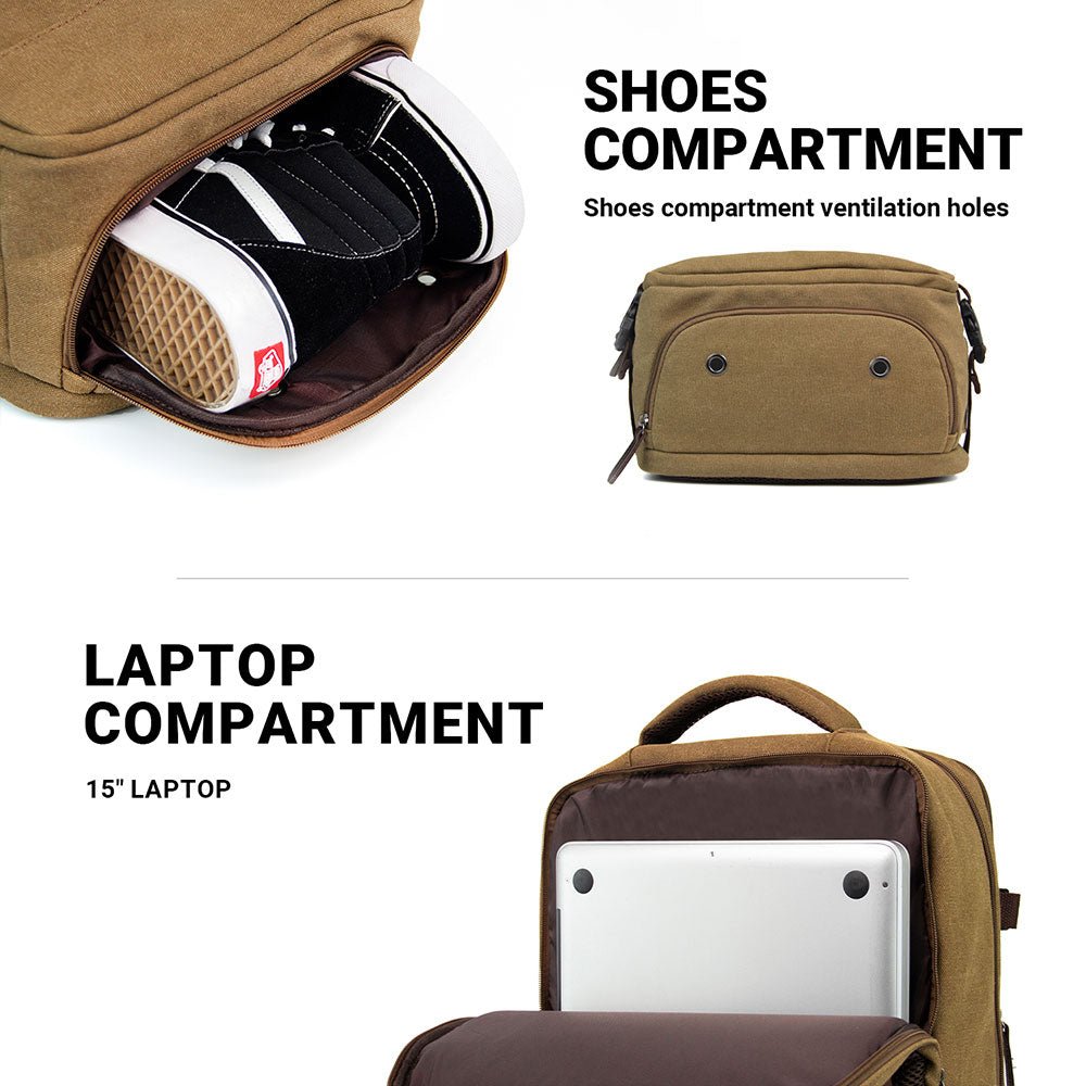 KAUKKO Thick Canvas Travel Backpack, Flight Approved Carry On Backpack with Shoe Pouch and 15.6 inch Laptop Compartment - kaukko