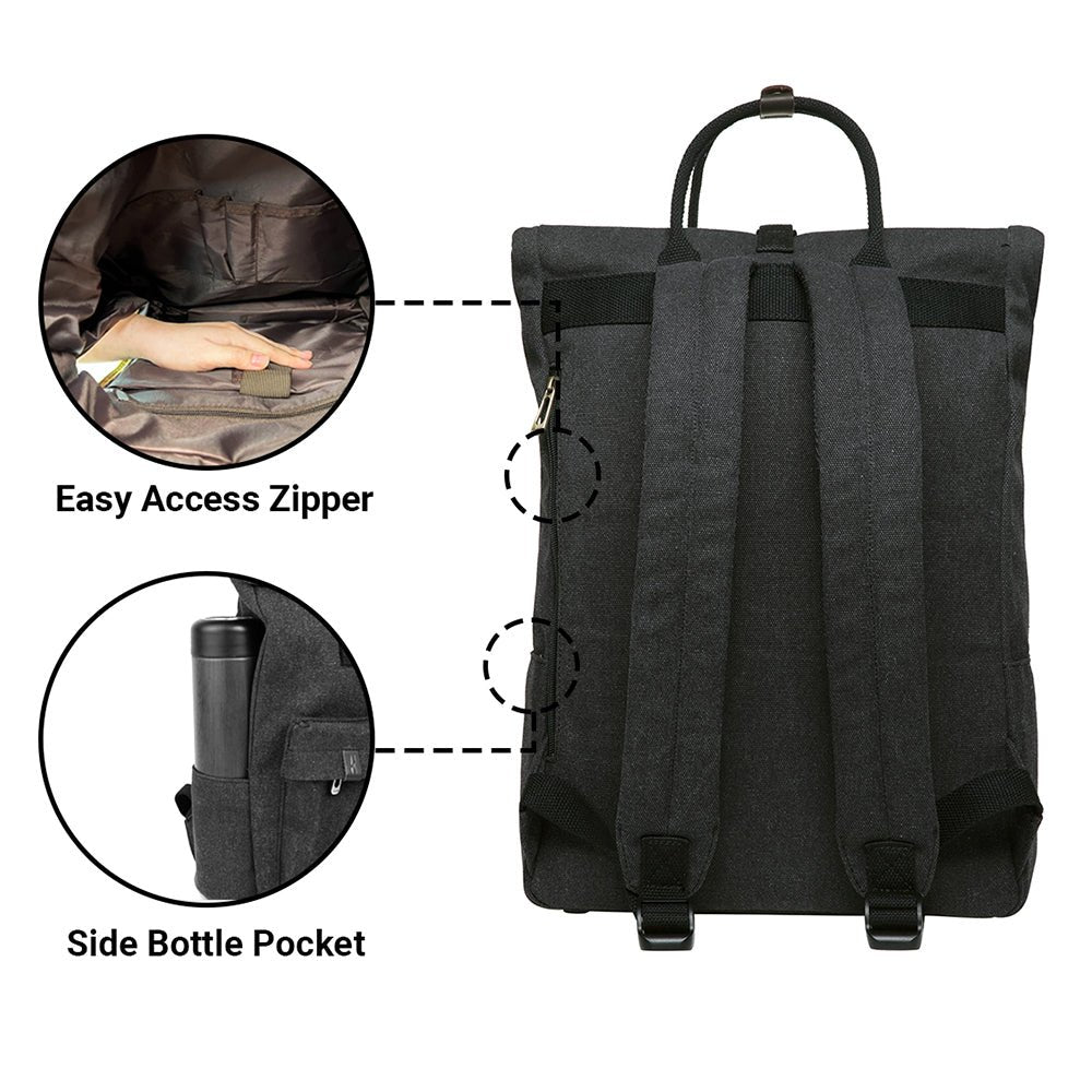 KAUKKO Vintage Canvas Rucksack Laptop Backpack for 12" Notebook for Women Men,School College Backpack (47-2-BLACK) - kaukko