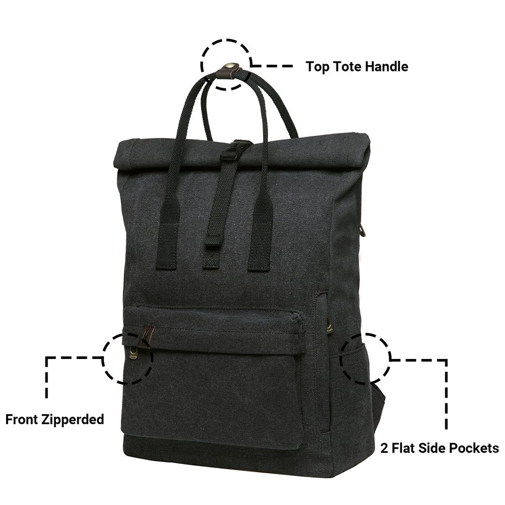 KAUKKO Vintage Canvas Rucksack Laptop Backpack for 12" Notebook for Women Men,School College Backpack (47-2-BLACK) - kaukko