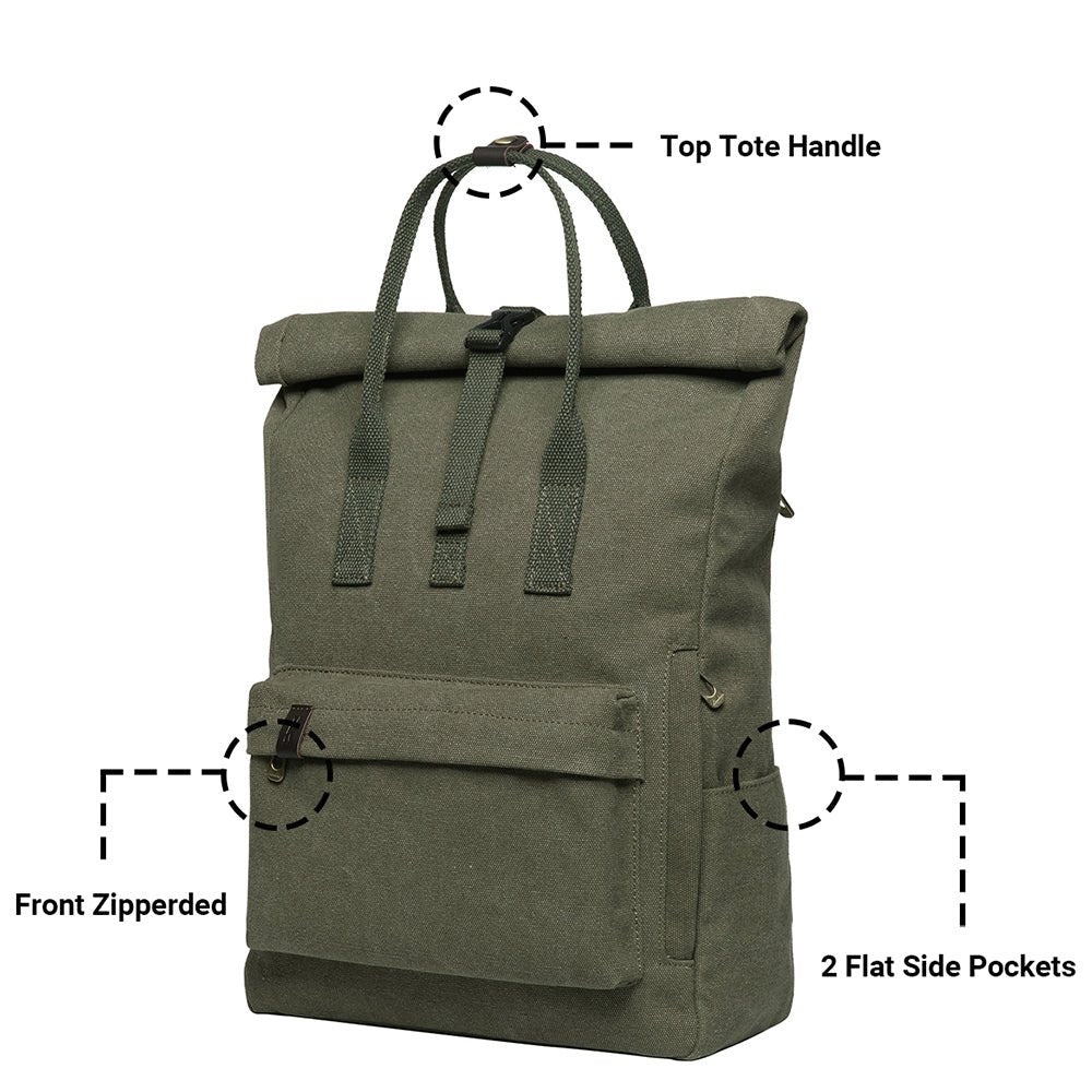 KAUKKO Vintage Canvas Rucksack Laptop Backpack for 12" Notebook for Women Men,School College Backpack (47-2-GREEN) - kaukko