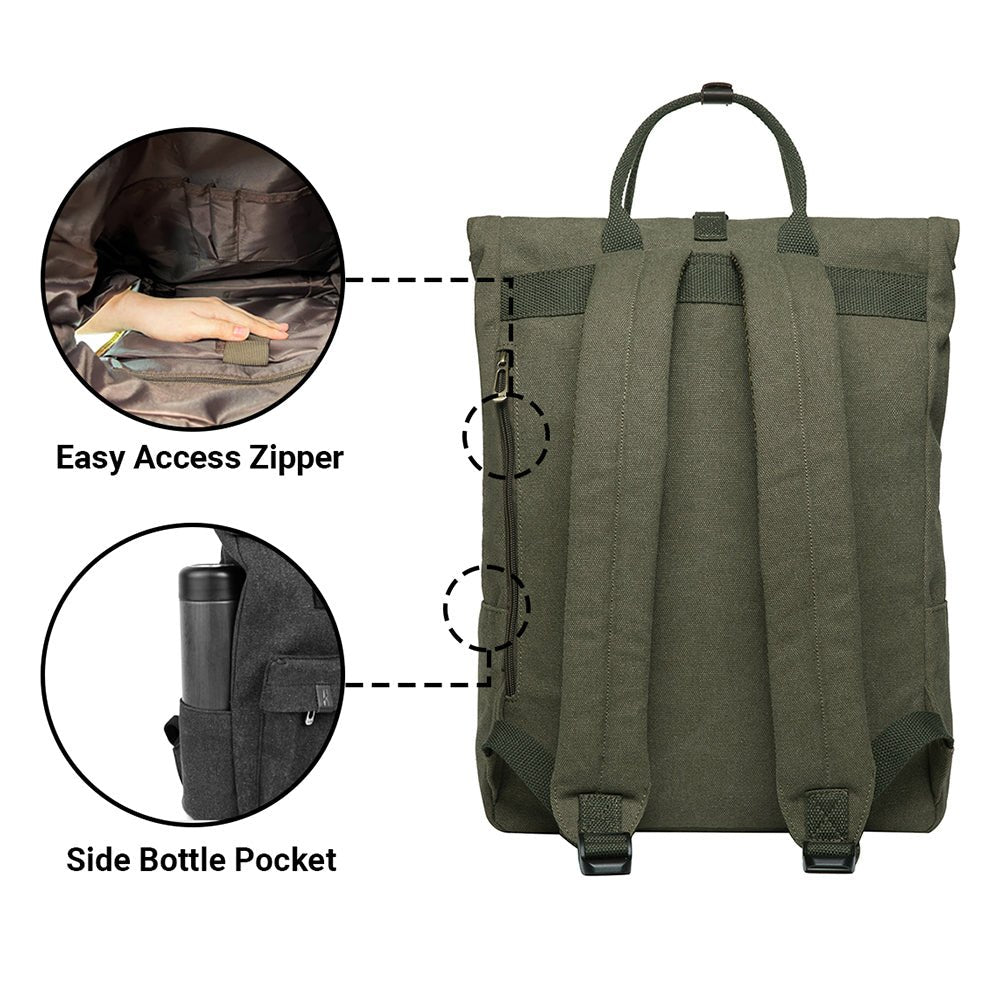 KAUKKO Vintage Canvas Rucksack Laptop Backpack for 12" Notebook for Women Men,School College Backpack (47-2-GREEN) - kaukko