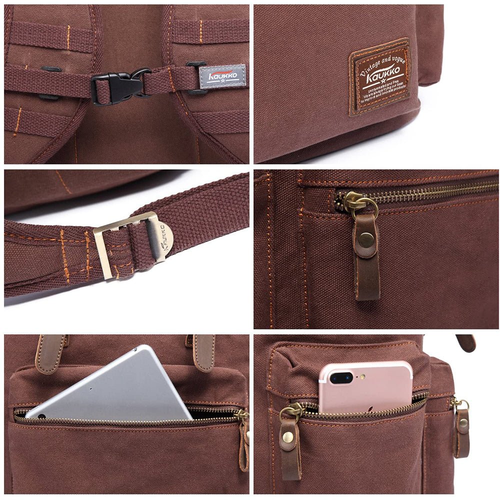 KAUKKO Vintage Casual Canvas and Leather Rucksack Retro Backpack for School Work Travel Hiking, 19L - kaukko