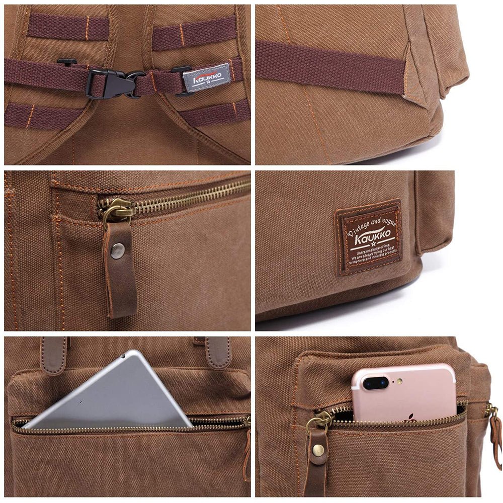 KAUKKO Vintage Casual Canvas and Leather Rucksack Retro Backpack for School Work Travel Hiking, 19L - kaukko