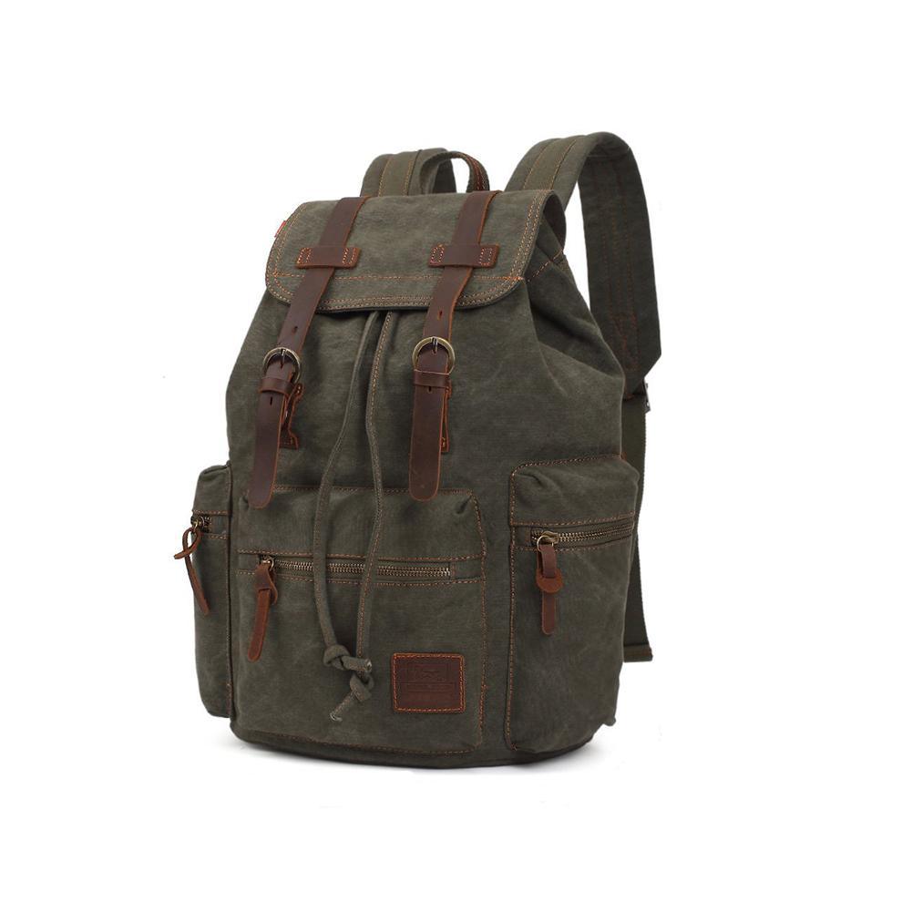 KAUKKO Vintage Casual Canvas and Leather Rucksack Retro Backpack for School Work Travel Hiking, 19L ( Army Green ) - kaukko