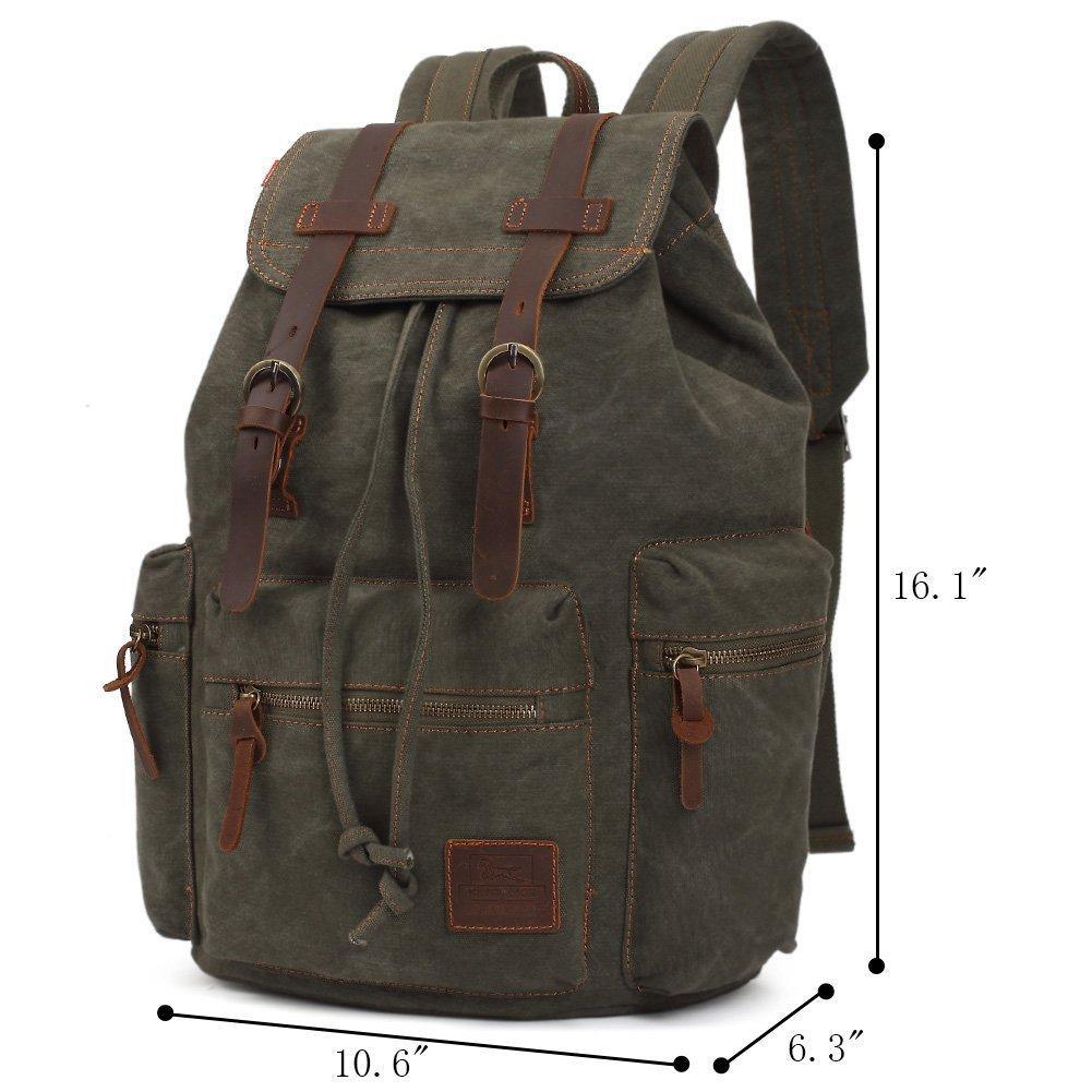 KAUKKO Vintage Casual Canvas and Leather Rucksack Retro Backpack for School Work Travel Hiking, 19L ( Army Green ) - kaukko
