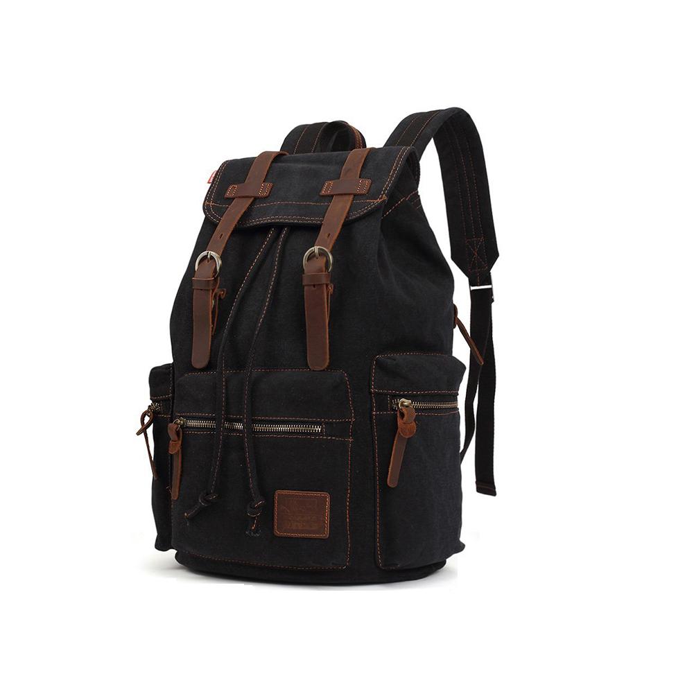 KAUKKO Vintage Casual Canvas and Leather Rucksack Retro Backpack for School Work Travel Hiking, 19L ( Black ) - kaukko