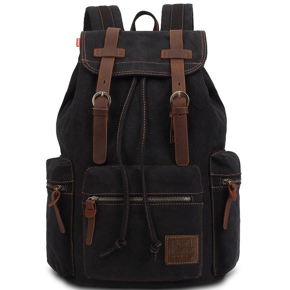 KAUKKO Vintage Casual Canvas and Leather Rucksack Retro Backpack for School Work Travel Hiking, 19L ( Black ) - kaukko