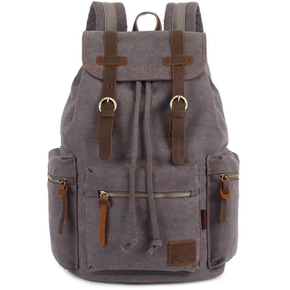KAUKKO Vintage Casual Canvas and Leather Rucksack Retro Backpack for School Work Travel Hiking, 19L ( Grey ) - kaukko