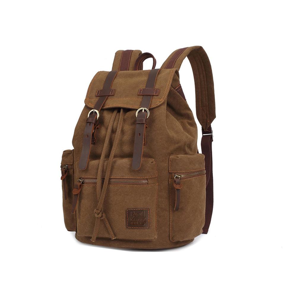 KAUKKO Vintage Casual Canvas and Leather Rucksack Retro Backpack for School Work Travel Hiking, 19L ( Khaki ) - kaukko