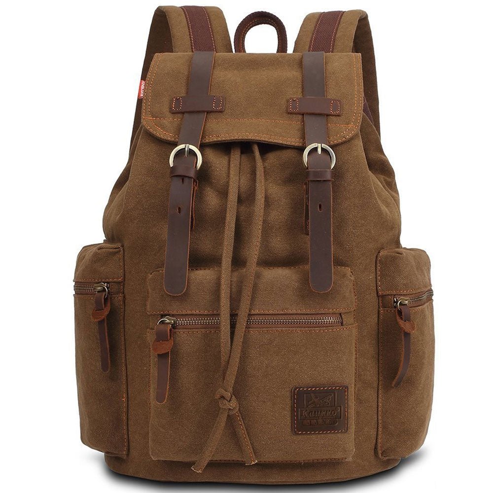 KAUKKO Vintage Casual Canvas and Leather Rucksack Retro Backpack for School Work Travel Hiking, 19L ( Khaki ) - kaukko
