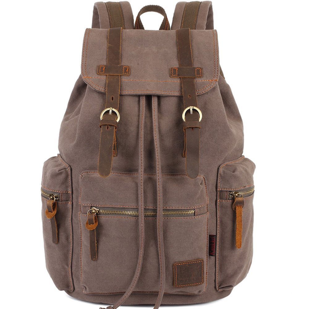 KAUKKO Vintage Casual Canvas and Leather Rucksack Retro Backpack for School Work Travel Hiking, 19L ( Light Coffee ) - kaukko