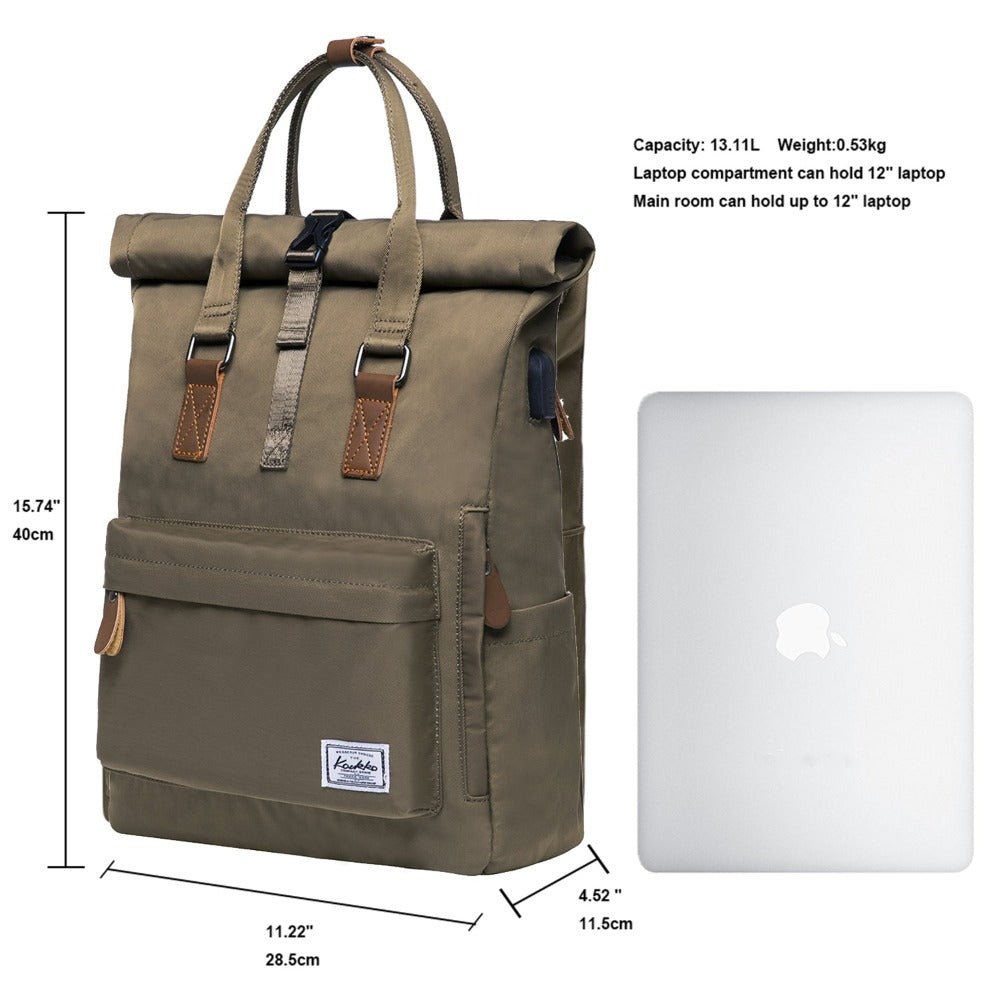 KAUKKO Backpack Everyday Essentials Daypack for Men and Women with USB Charging Port, K1047 ( Army Green/ 13.1L ) - kaukko