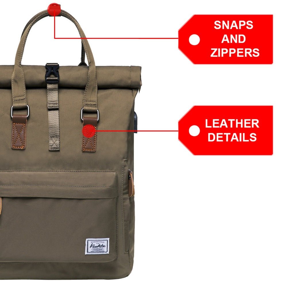 KAUKKO Backpack Everyday Essentials Daypack for Men and Women with USB Charging Port, K1047 ( Army Green/ 13.1L ) - kaukko